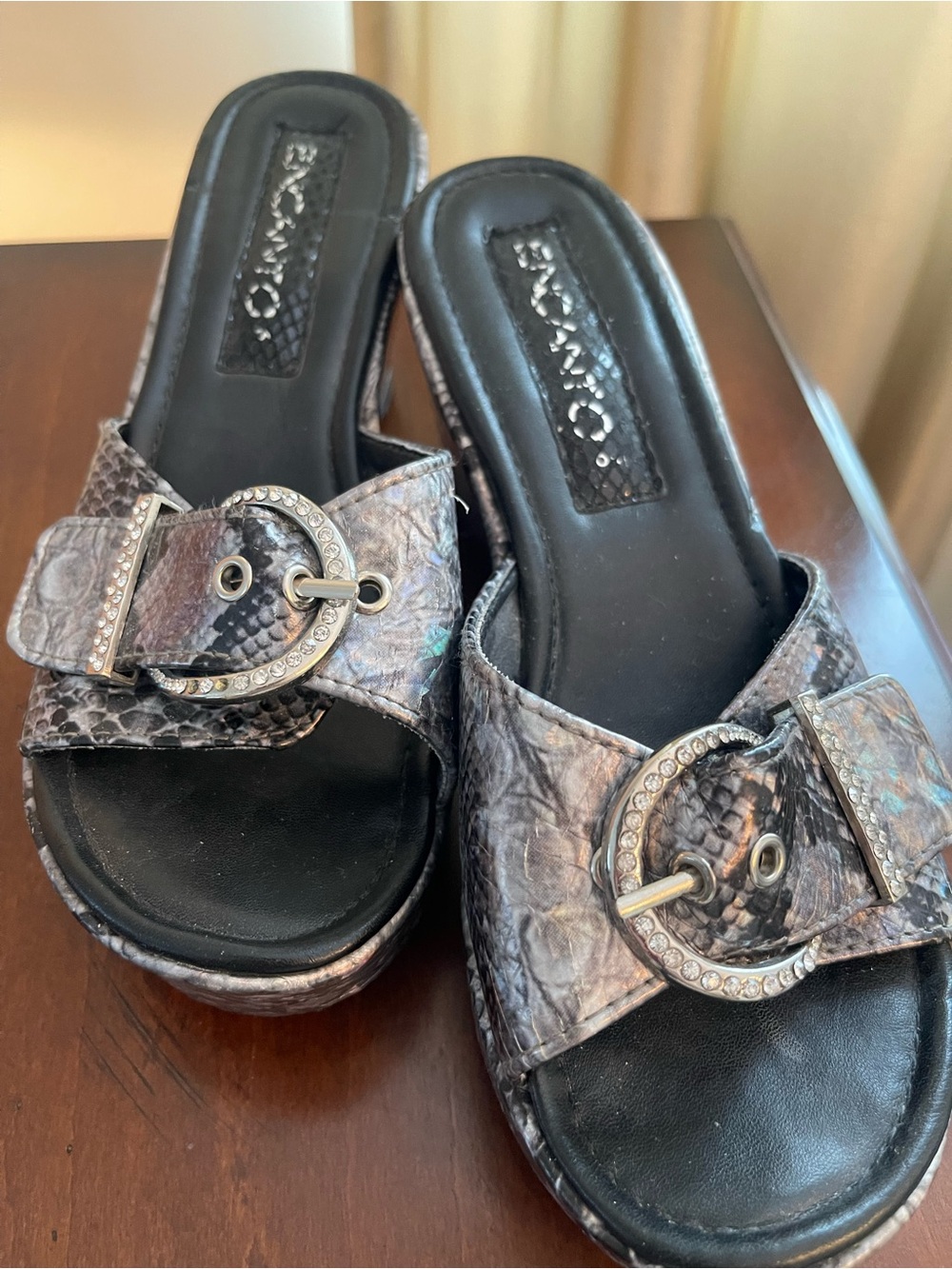 Black/Silver Snake-Print Slide Mules with Rhinestone Buckle